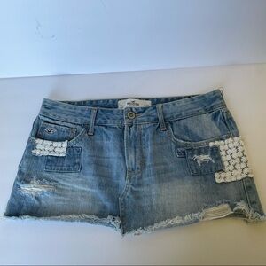 HOLLISTER patchwork denim blue jean micro mini skirt raw hem lace sexy boho y2k